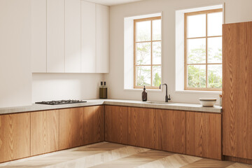 Modern white kitchen corner with white and wooden cabinets