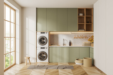 Modern laundry interior with shelves, washing machines and panoramic window - obrazy, fototapety, plakaty