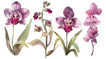 set of watercolor orchid flowers, generative ai