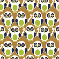 Owl seamless pattern with white and green owls on a brown background