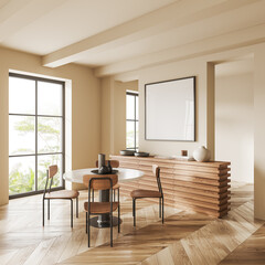 Fototapeta premium Beige dining room corner with table and poster