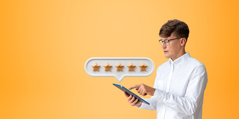Businessman finger touch tablet, five stars feedback online, cop