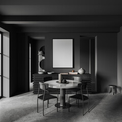 Grey living room interior eating zone and drawer with decoration, mockup frame