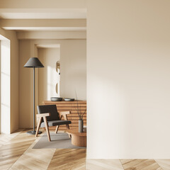 Cozy living room interior with armchair and drawer, mockup wall