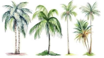set of watercolor palm tree beach, generative ai