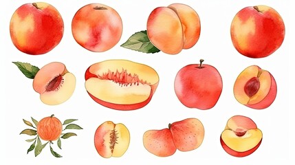 set of watercolor peaches, generative ai