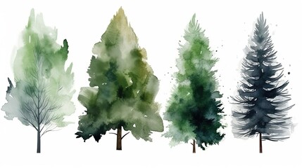 set of watercolor pine tree forest, generative ai - obrazy, fototapety, plakaty