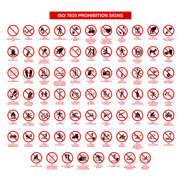 set of iso 7010 prohibition signs on white background