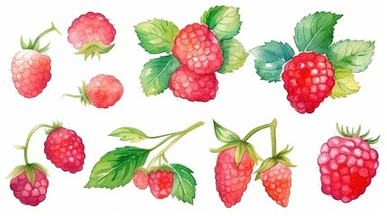 set of watercolor raspberries, generative ai