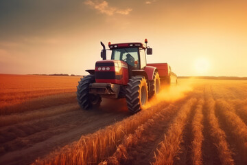 Fototapeta premium Modern Tractor Working in a Field at Sunset, Depicting Machinery Used for Agricultural Harvesting, Generative AI