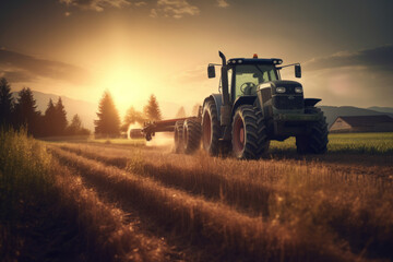 Naklejka premium Modern Tractor Working in a Field at Sunset, Depicting Machinery Used for Agricultural Harvesting, Generative AI