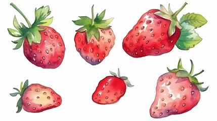 set of watercolor strawberries, generative ai