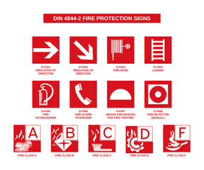 set of din 4844-2 fire protection signs on white background