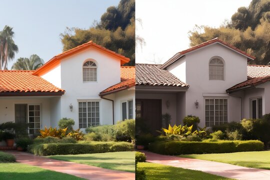 Before and after house painting transformation. AI