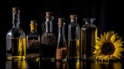 Various sunflower oil in bottles and containers in a row, fresh sunflower flowers, black background. AI generated.