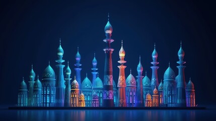 Fototapeta premium Muslim Islamic New Year, religious event. Graphic illustration. Bathed mosques. AI generated.