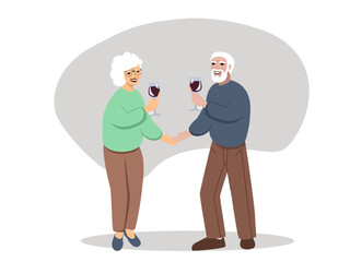 Couple on meeting. Elderly people drinking wine. Happy husband and wife, old man woman spend time together. Grandparents celebrates. Vector illustration