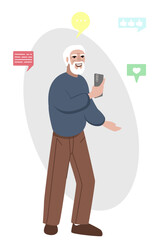 Elderly man with smartphone. Senior smiling gentleman using phone for Communication, chatting in social media app. Vector illustration isolated on white background. Vector illustration