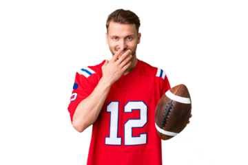 Young caucasian man playing rugby over isolated chroma key background happy and smiling covering mouth with hand