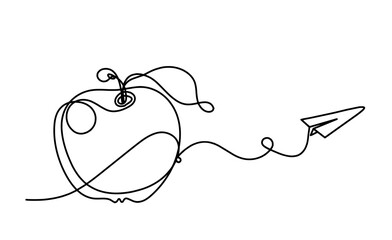 Drawing line apple with paper plane on the white background