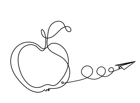 Drawing line apple with paper plane on the white background