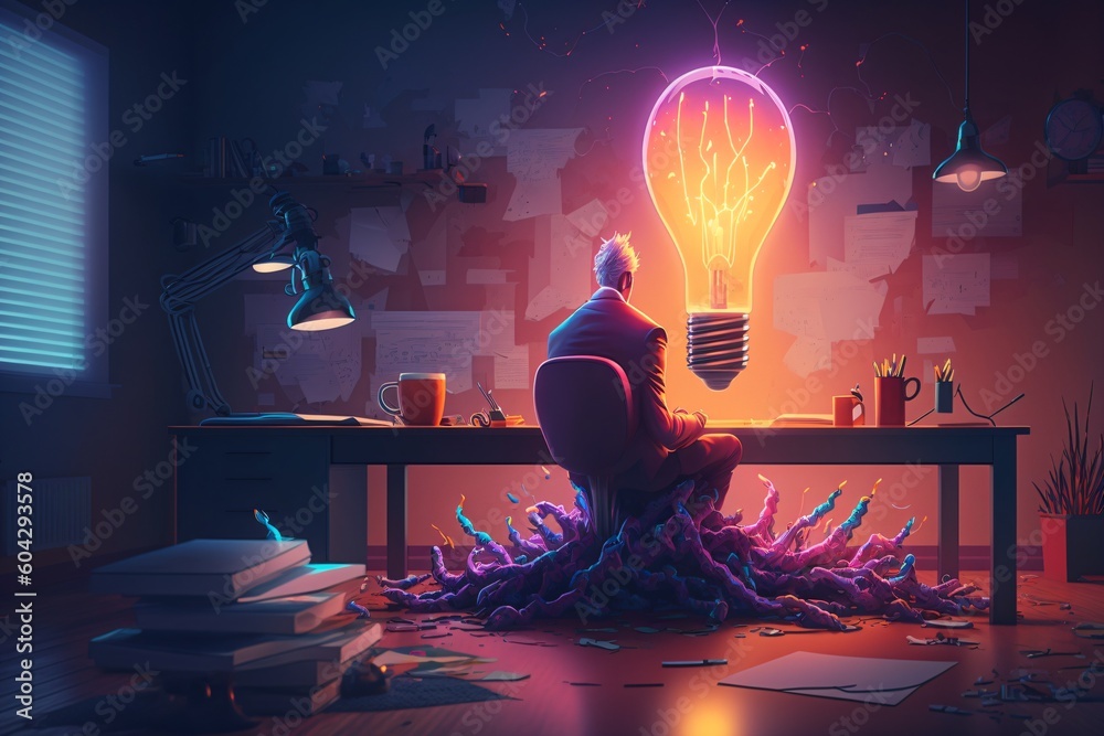 Canvas Prints bright idea and creative thinking, visualization of brainstorming, a colorful glowing 3d idea bulb l