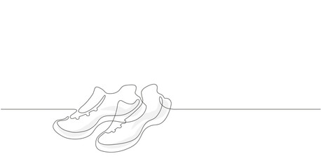 One line creative vector illustration of sneakers. Pare of running shoes icon.