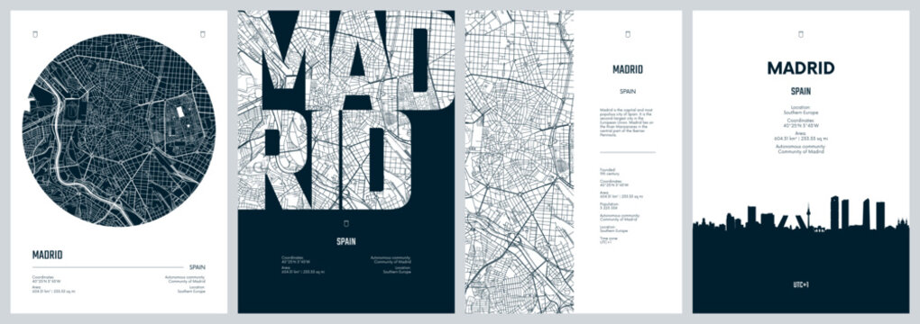Set of travel posters with Madrid, detailed urban street plan city map, Silhouette city skyline, vector artwork