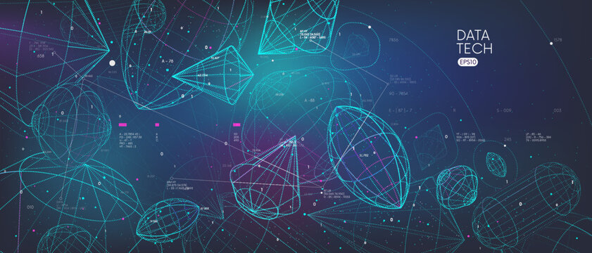 Sorting and analysis digital database, visualization of big data in the form of various wireframes 3d shapes, conceptual cyberspace of global network, vector illustration futuristic technology