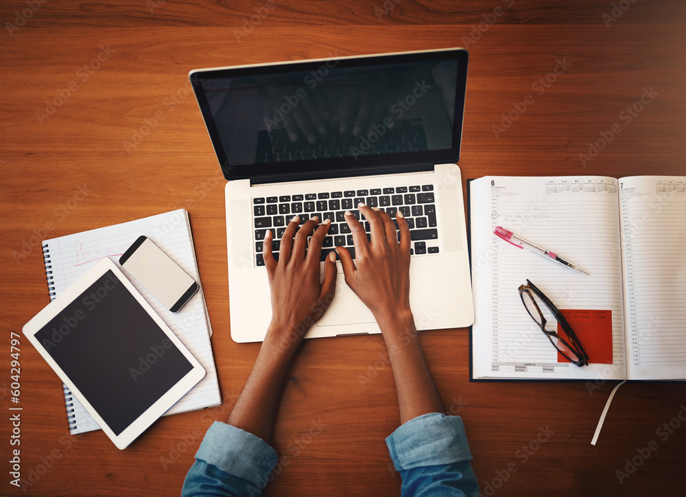 Poster woman hands, online typing and laptop with education and learning notes at home. top, female person 