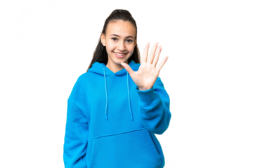 Young Arabian woman over isolated chroma key background counting five with fingers