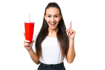 Young Arabian woman holding soda over isolated chroma key background pointing up a great idea