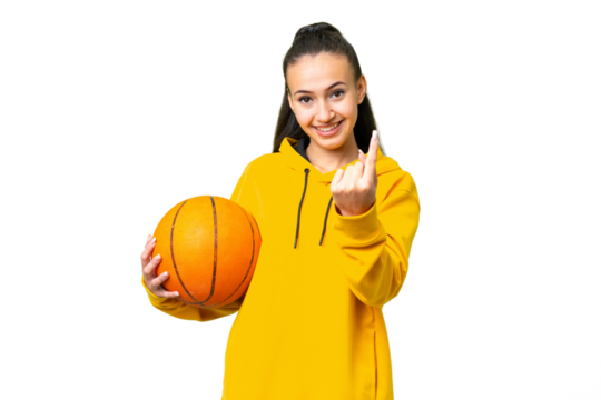 Young Arabian woman playing basketball over isolated wall  over isolated chroma key background doing coming gesture