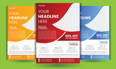 Corporate business flyer template design set with red blue and yellow color variation. abstract modern creative unique idea inspire cover brochure a4 size half page. flyer background