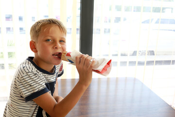 Child eating hot dog in cafe