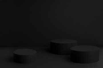 Abstract black stage with three round podiums mockup for presentation cosmetic products, goods, advertising, design, showing, display, sale, text, soft gradient in beauty fashion style, copy space.