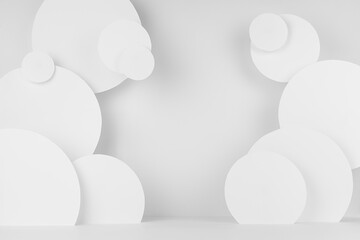 White soft light abstract stage with pattern of circles fly as decor in urban geometric style, scene template for presentation cosmetic products, goods, design, advertisement, card.