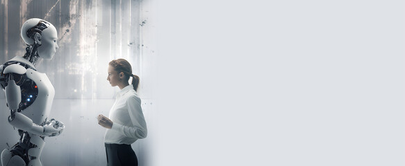 Person talking with robotic AI, AI technology. Generative AI