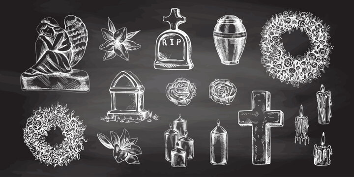 Hand drawn set for  Funeral service.  Vector illustration. Attributes and symbols of condolence, loss, dead, bereavement and cemetry.