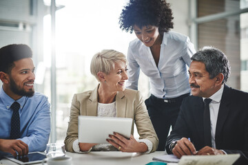 Business woman, meeting and tablet planning with company contract and deal with conversation. Staff, communication and paperwork with a team with diversity coworkers working on a job strategy