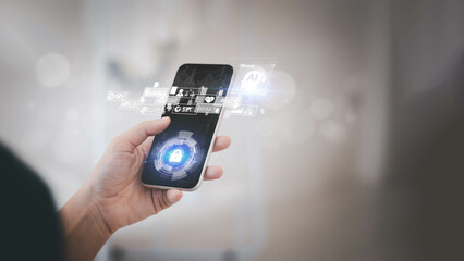 Business woman using technology smart robot AI, artificial intelligence by enter command prompt for...