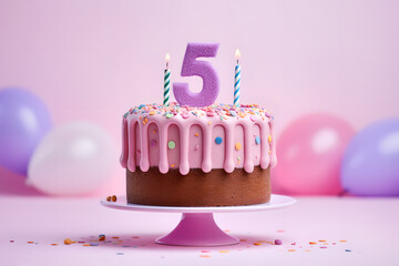 5th years birthday cake on isolated colorful pastel background. Generative Ai. - obrazy, fototapety, plakaty