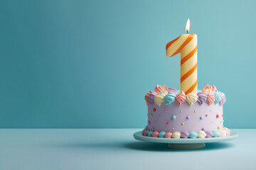 1st years birthday cake on isolated colorful pastel background. Generative Ai. - obrazy, fototapety, plakaty