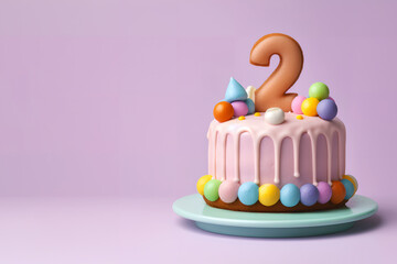 2nd years birthday cake on isolated colorful pastel background. Generative Ai.