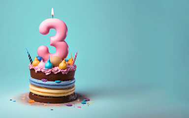 3rd years birthday cake on isolated colorful pastel background. Generative Ai.