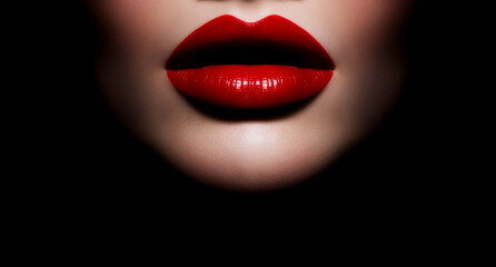 Close-up of red glossy female lips, showcasing beauty and allure, shallow depth of field, Illustrative Generative AI