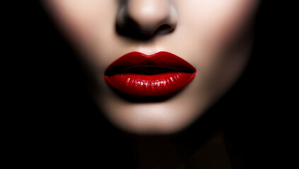 Obraz premium Close-up of red glossy female lips, showcasing beauty and allure, shallow depth of field, Illustrative Generative AI