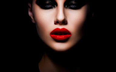 Fototapeta premium Beautiful female face with red lipstick, isolated on a black background. Glamour and fashion photography. Shallow field of view. Illustrative Generative AI. Not a real person.