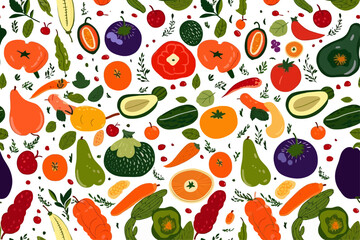 Vegetable and fruit seamless pattern white background, seamless wallpaper with bold colors
