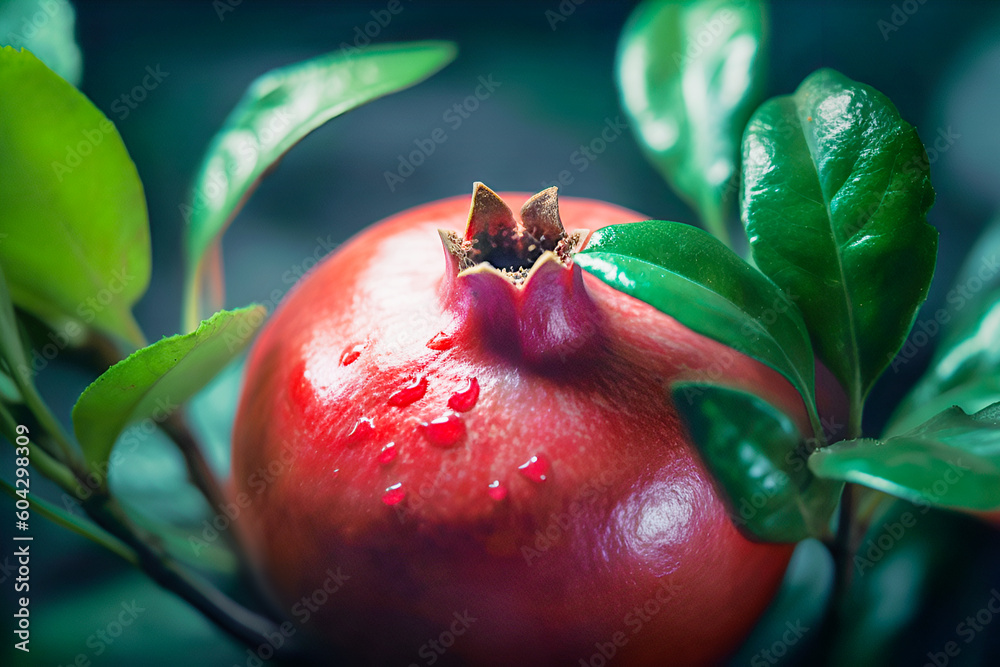 Wall mural Closeup pomegranate tree branch with ripe red pomegranate and green leaves on dark background. Healthy food. Concept organic, local, season fruits and harvesting. Generative ai